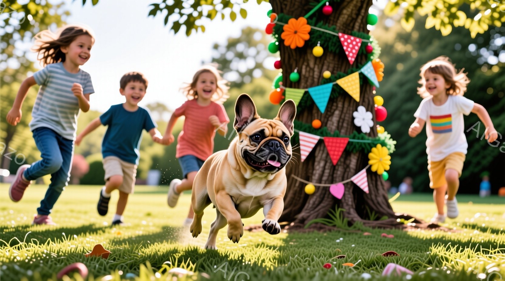 芝生の広場で、明るい色の服を着た子供たちが楽しそうに走り、その先にはクリーム色のフレンチブルドッグが勢いよく走っている。背景には飾り付けられた木があり、晴れた日の穏やかな雰囲気の中で、子供たちと犬が遊 - AI生成フリー素材