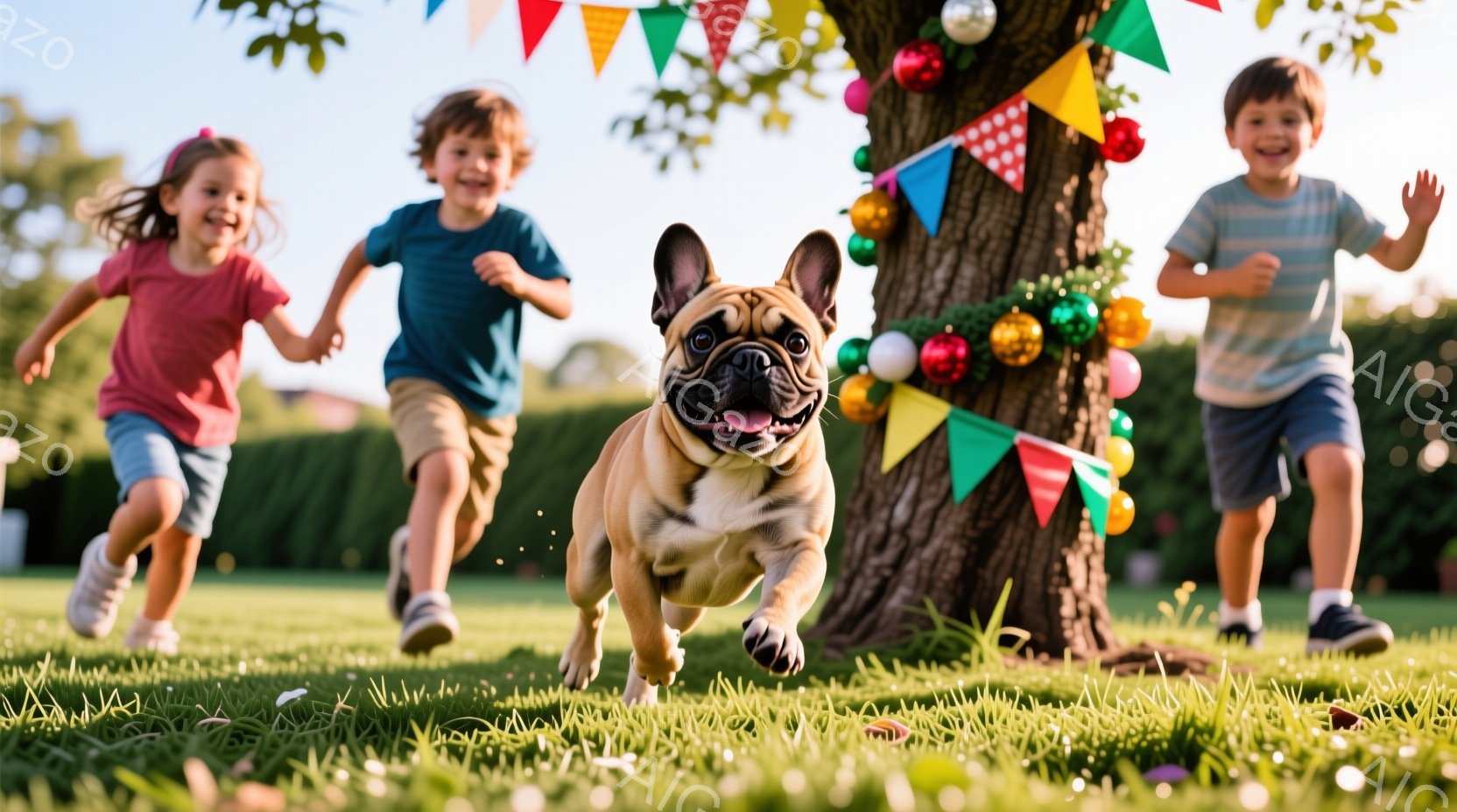 緑豊かな芝生の上を、茶色いフレンチブルドッグが勢いよく走っている。背景には、クリスマスオーナメントで飾られた木があり、左右には笑顔の少年少女が走っている様子が写っている。全体的に明るく楽しい、活気のあ - AI生成フリー素材