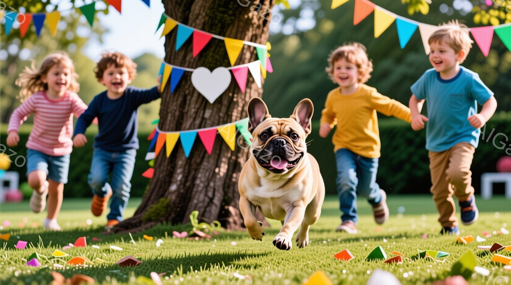 芝生の上を子供たちと犬が楽しそうに走っている様子が写っています。子供たちはそれぞれ明るい色の服を着ており、笑顔で走り回っています。背景には木があり、カラフルな旗が飾られ、晴天の下、賑やかで楽しい雰囲気 - AI生成フリー素材