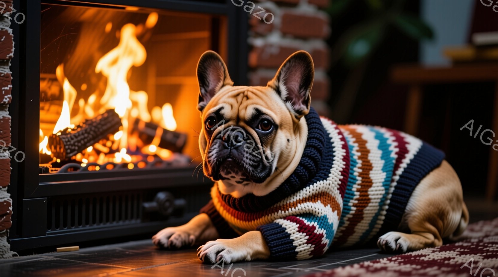 暖炉の前に茶色の毛糸のセーターを着たクリーム色のフレンチブルドッグが横たわっています。穏やかな表情でカメラを見つめており、リラックスした様子が伺えます。背景には燃え盛る暖炉と、ぼんやりとした家具が見え - AI生成フリー素材