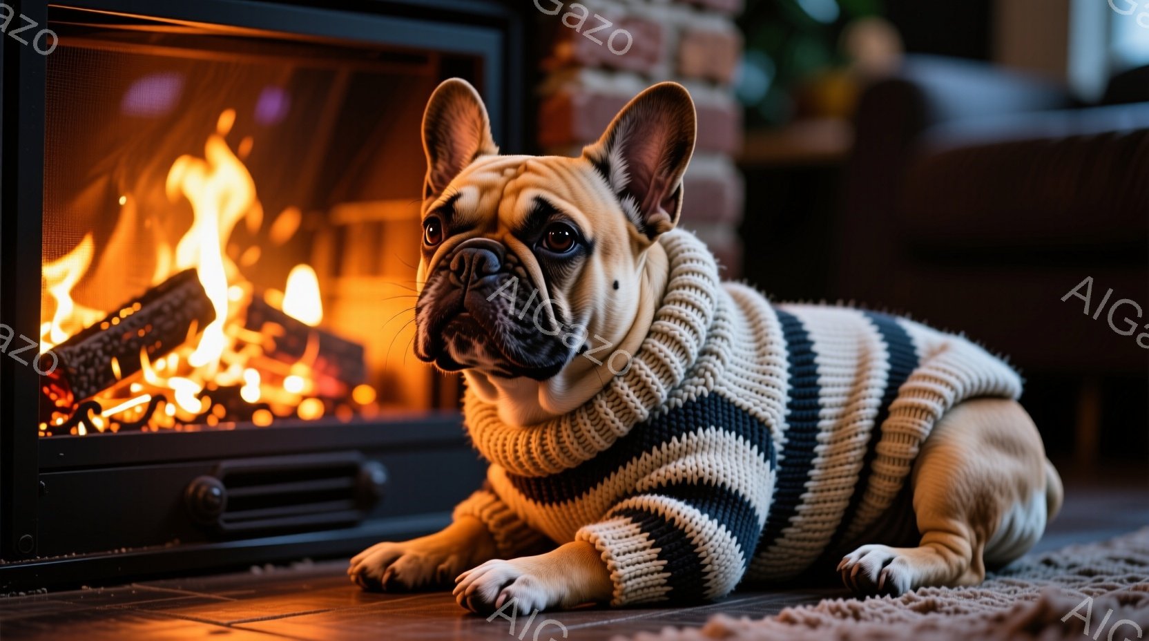 茶色のフレンチブルドッグが、白い縞模様のニットセーターを着て床に横たわっています。犬はカメラを見つめており、穏やかでリラックスした表情をしています。背景には暖炉があり、炎が燃えており、暖かい雰囲気を作 - AI生成フリー素材