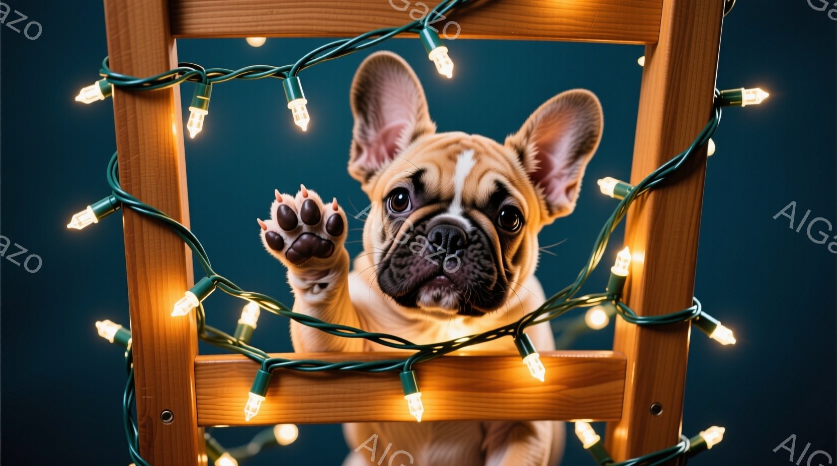 クリーム色のフレンチブルドッグが、木のフレーム越しに前足を伸ばしてこちらを見ている。背景は濃い青色で、フレームには小さな電飾が巻き付けられ、暖かく、遊び心のある雰囲気を醸し出している。犬は好奇心旺盛な - AI生成フリー素材