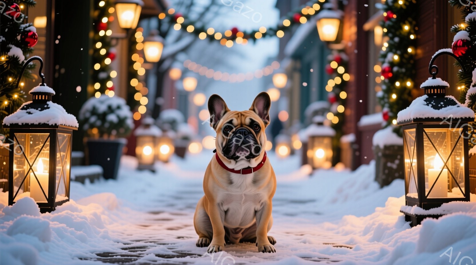 白い雪に覆われた道の上に、クリーム色のフレンチブルドッグが座っています。赤い首輪をつけており、まっすぐ前を見つめており、穏やかで落ち着いた表情をしています。背景には、クリスマスツリーや点灯されたランタ - AI生成フリー素材