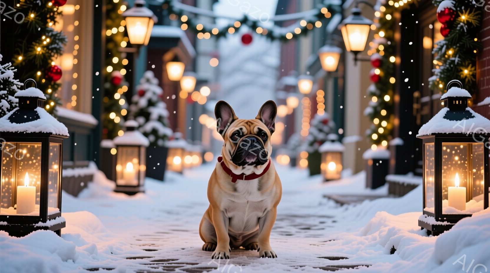 白い雪に覆われた石畳の道に、ベージュ色のフレンチブルドッグが座っています。赤い首輪をつけ、正面をまっすぐ見ており、少し物憂げな表情を浮かべています。背景には、クリスマスツリーやイルミネーションで飾られ - AI生成フリー素材
