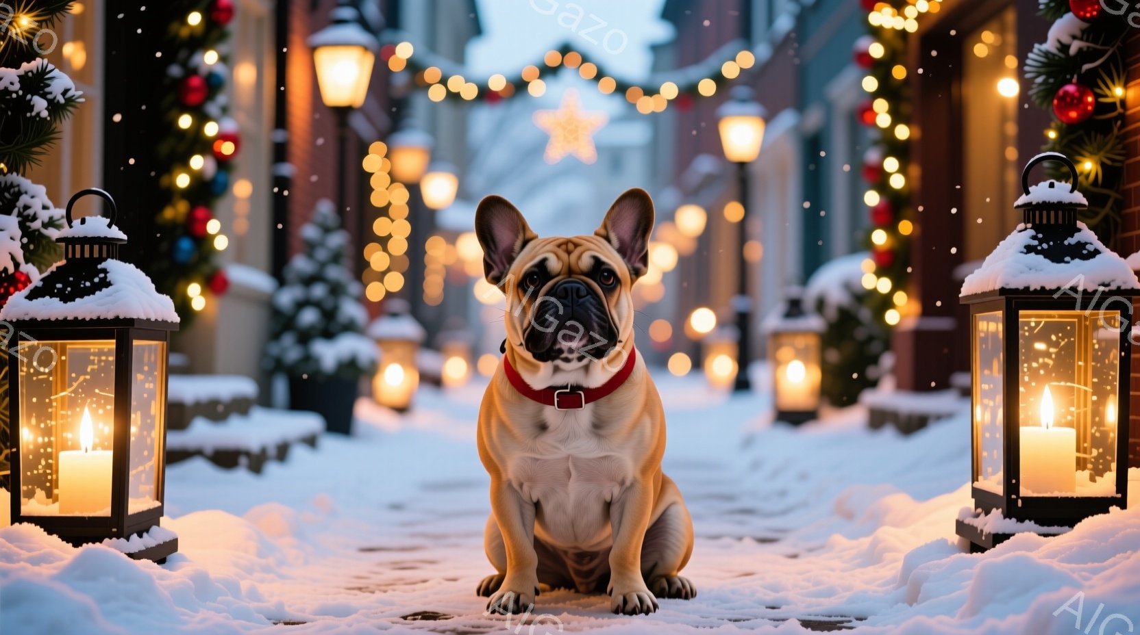 白い雪に覆われた通りに、クリーム色のフレンチブルドッグが座っています。赤い首輪をつけており、まっすぐに前を見つめ、少し真剣な表情をしています。背景には、クリスマスの飾り付けがされた建物や、点灯されたラ - AI生成フリー素材