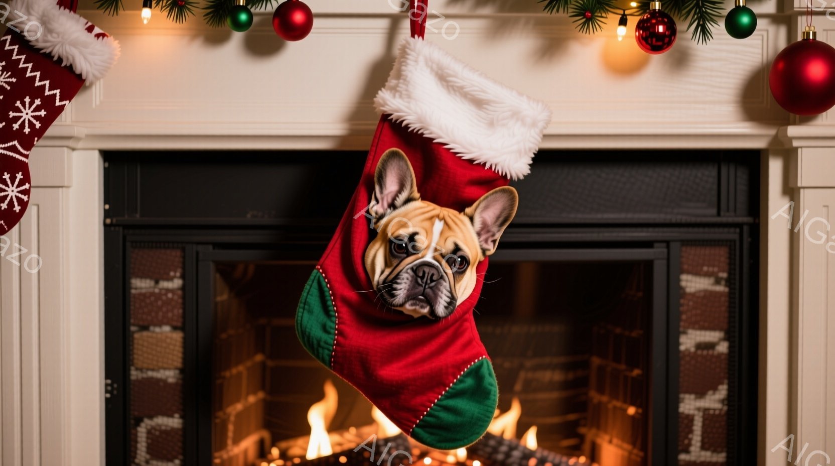 赤いクリスマスストッキングの中に、フレンチブルドッグが顔を出しています。犬は少し困ったような、または面白い表情をしており、ストッキングの縁の白い毛皮が可愛らしさを引き立てています。背景には暖炉の火が燃 - AI生成フリー素材