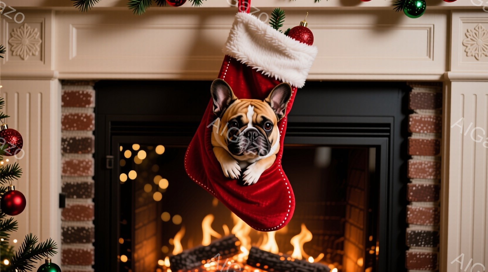 赤いクリスマスストッキングの中に、愛らしいフレンチブルドッグが顔を覗かせています。犬は少し困ったような表情で、クリスマスの暖炉の前でくつろいでいるようです。背景には暖炉の炎が燃え、ホリデーシーズンの温 - AI生成フリー素材