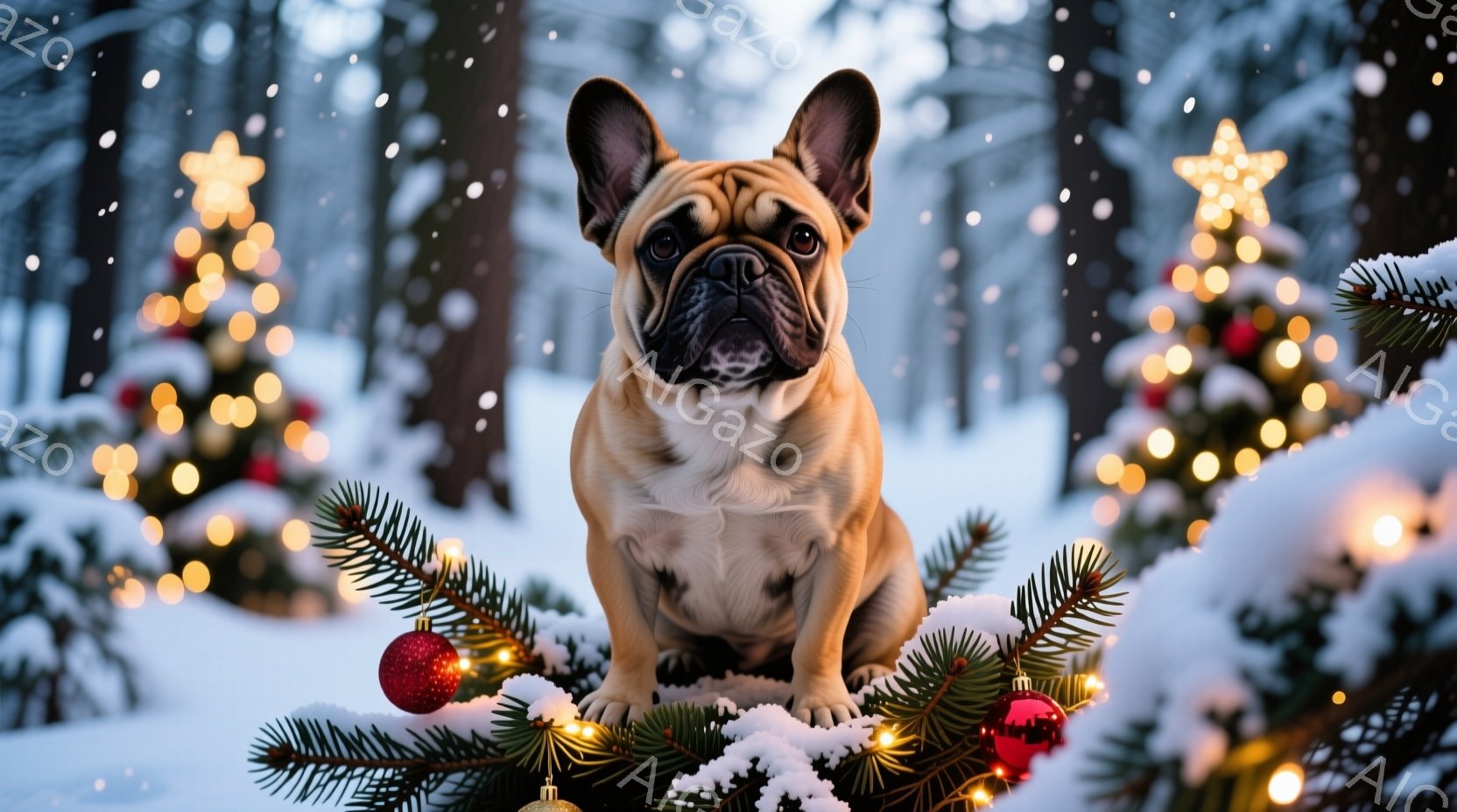 白い雪景色の中に、クリーム色のフレンチブルドッグが座っています。クリスマスの飾り付けられた緑の枝の上に座り、赤いオーナメントがアクセントになっています。背景には、雪に覆われた木々と、温かい光を放つクリ - AI生成フリー素材