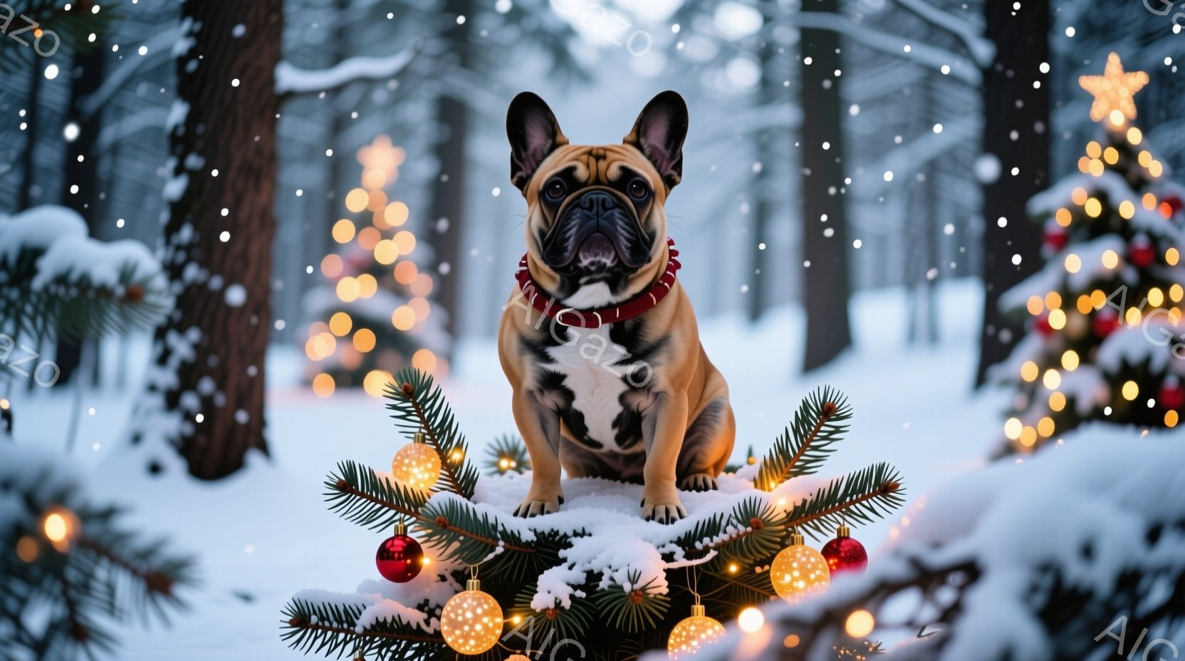 雪が降る森の中で、クリーム色のフレンチブルドッグがクリスマスツリーの枝の上に座っています。赤い首輪をつけており、正面を見つめる表情は少し真剣で可愛らしいです。背景にはぼやけたクリスマスツリーの光が輝き、幻想的な冬の雰囲気を醸し出しています。