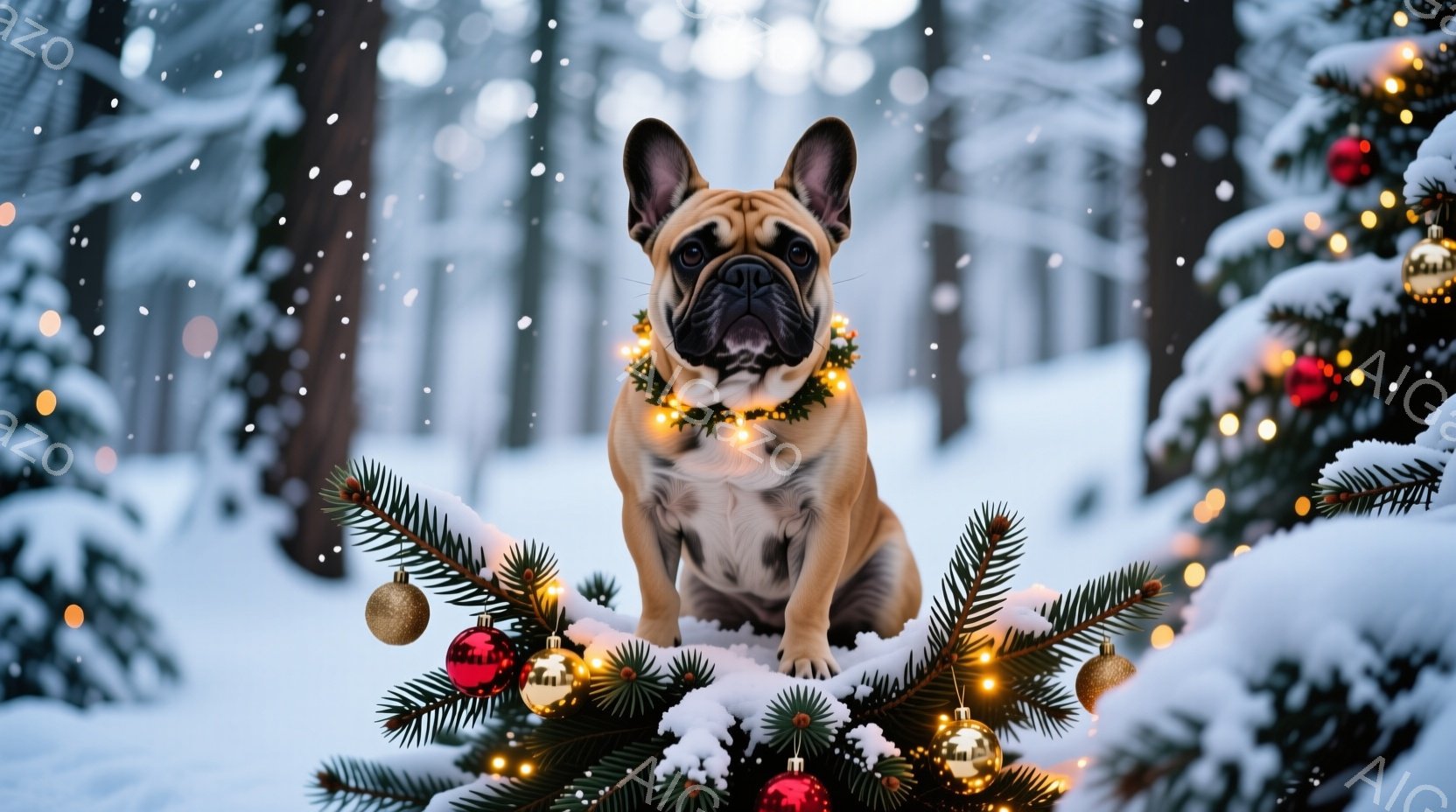雪が降る森の中で、フレンチブルドッグがクリスマスツリーの枝の上に座っています。犬は首に光るガーランドを巻き、正面を見て穏やかな表情をしています。背景には雪で覆われた木々が広がり、冬の暖かいお祭りの雰囲 - AI生成フリー素材