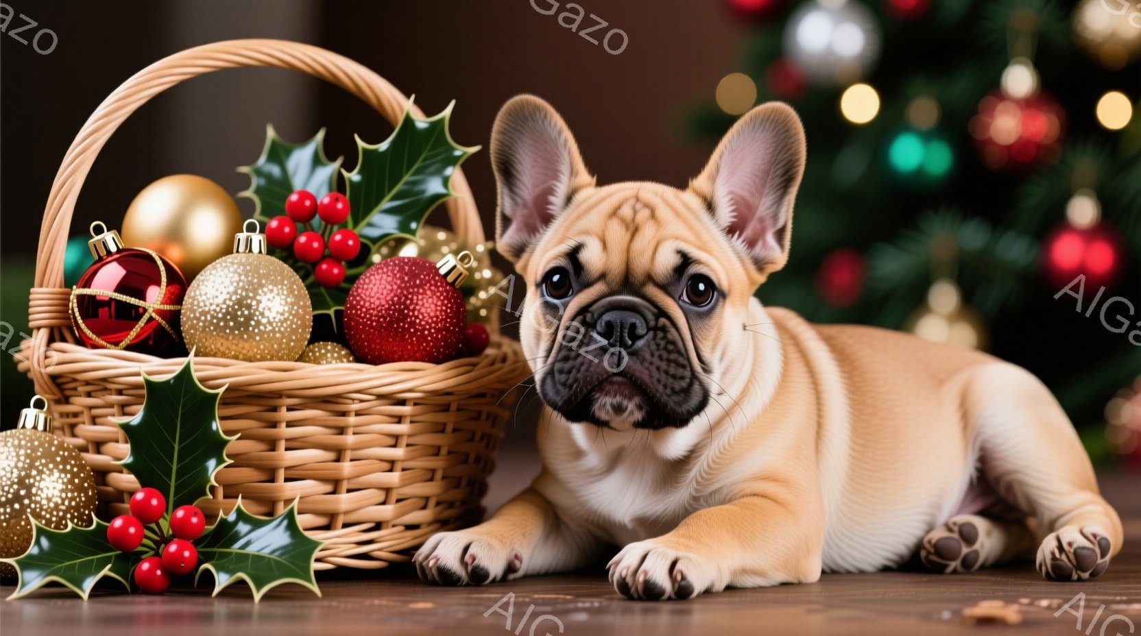 明るい茶色のパグの子犬が、クリスマスの飾りが入った籐のバスケットの横に横たわっています。子犬は正面を見ており、少し好奇心とリラックスした表情をしています。背景にはぼやけたクリスマスツリーと、暖かくお祝いの雰囲気を醸し出すキラキラ光るライトが見えます。