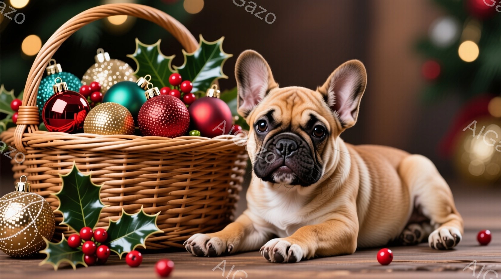 浅い色のバスケットの中にクリスマスオーナメントが溢れ、その隣にベージュ色のフレンチブルドッグが横たわっています。犬は前足を伸ばし、少し上目線でカメラを見ており、リラックスした表情をしています。背景にはぼやけたクリスマスツリーの光が見え、温かく、お祝いムードに包まれた雰囲気です。