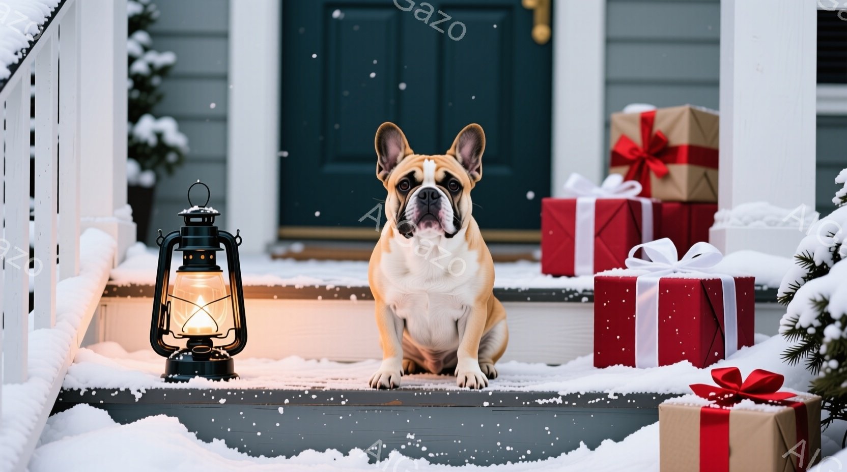 白い縁取りを持つクリーム色のフレンチブルドッグが、雪の積もった家のステップに座って正面を見つめている。ステップの周りにはプレゼントが置かれ、背景には暗緑色のドアと雪の積もった木々が見える。暖かい光を放 - AI生成フリー素材