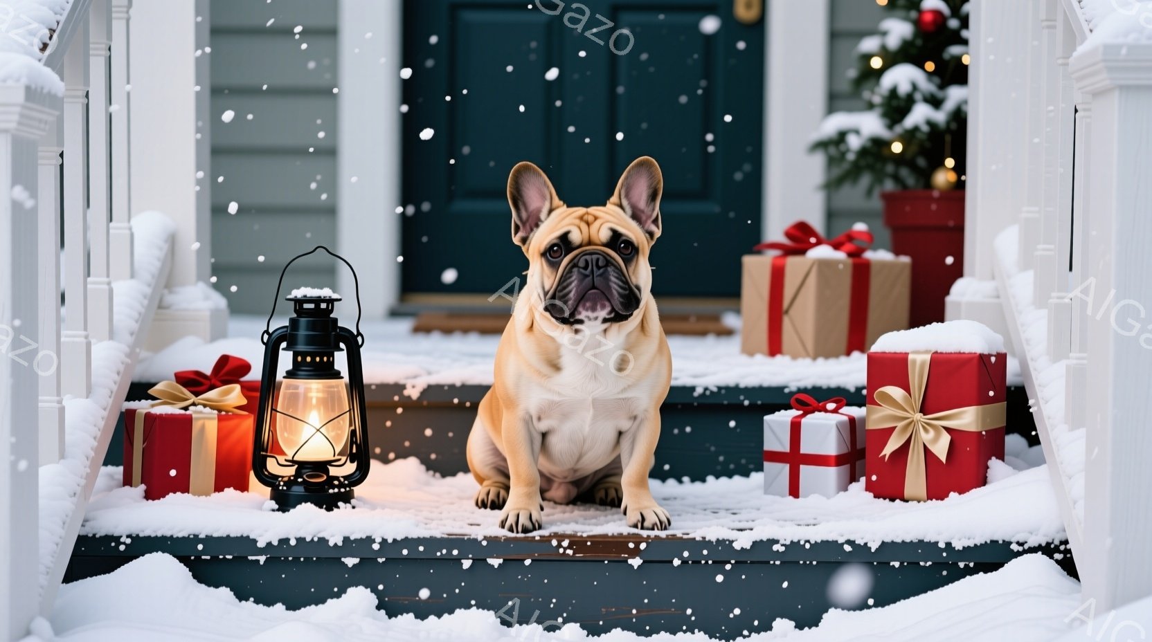 白い雪で覆われた家の階段に、クリーム色のフレンチブルドッグが座っています。その周りには赤いリボンで飾られたプレゼントボックスが置かれ、奥にはクリスマスツリーが飾られた鉢植えが見えます。暖かく優しい光を放つランタンが、雪景色の中で季節の喜びを演出しています。