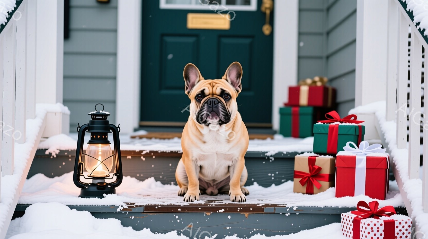 ベージュ色のフレンチブルドッグが雪の積もった家の階段に座っています。背景にはクリスマスプレゼントの箱が積み重ねられ、左側には点灯したランタンが置かれています。全体的に、暖かく、穏やかで、クリスマスの雰 - AI生成フリー素材