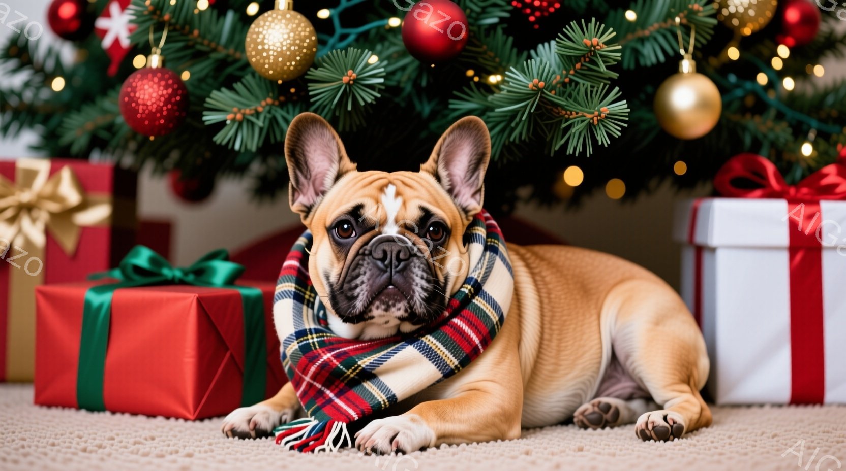 ベージュ色のフレンチブルドッグが、赤い格子柄のショールを首に巻いて床に横たわっています。背景には、クリスマスツリーと、赤と白のリボンで飾られたプレゼント箱がいくつか置かれています。暖かく、お祝いの雰囲 - AI生成フリー素材
