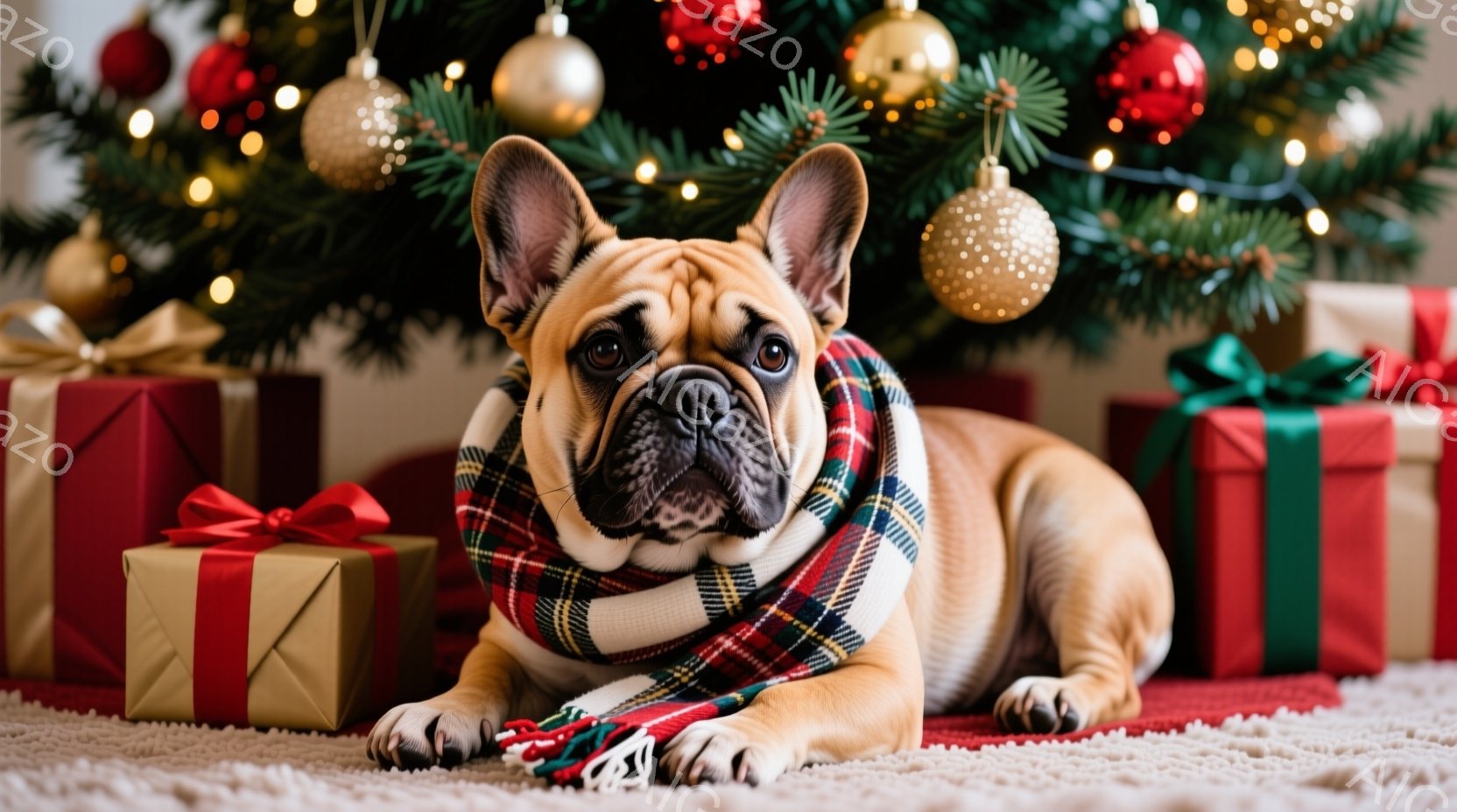 クリーム色のフレンチブルドッグが、赤、緑、白のチェック柄のマフラーを巻いて床に横たわっています。背景にはクリスマスツリーとプレゼントの箱が並び、お祝いの雰囲気が漂っています。犬はリラックスした表情で、 - AI生成フリー素材