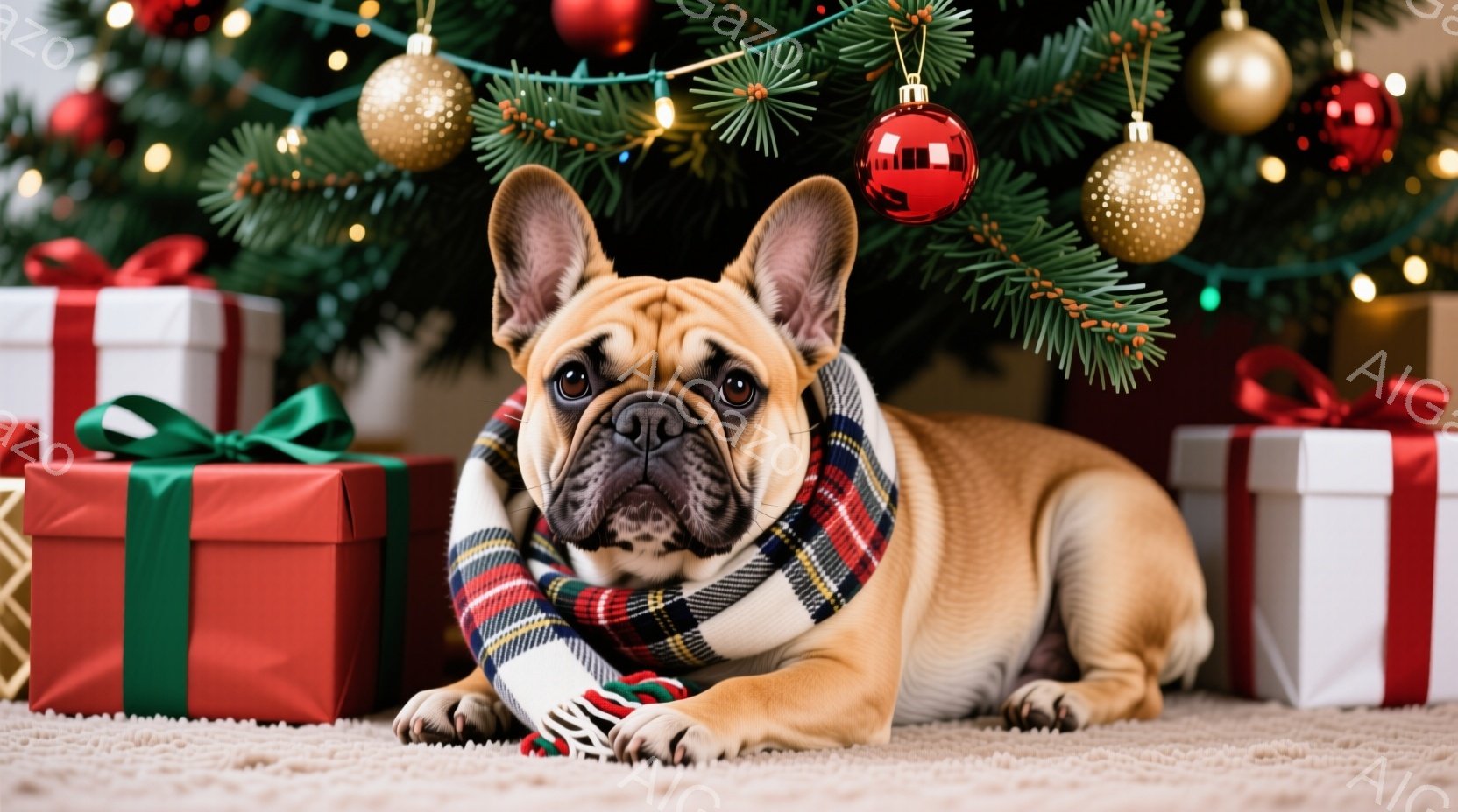 明るい茶色のフレンチブルドッグが、赤いチェック柄のマフラーを首に巻いて床に横たわっています。背景には、プレゼントボックスとクリスマスツリーが飾られており、暖かくお祝いの雰囲気です。犬はリラックスした表 - AI生成フリー素材