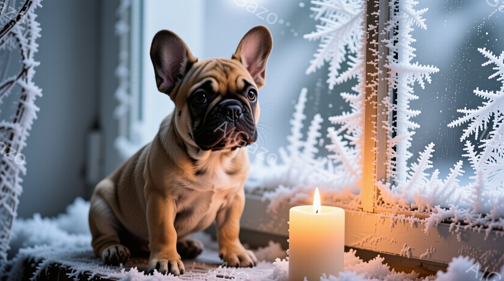 小さなクリーム色のフレンチブルドッグが、雪の結晶模様で覆われた窓辺に座っています。暖かく光るキャンドルが犬の隣に置かれ、静かで穏やかな雰囲気を醸し出しています。背景はぼやけていますが、冬の静けさを感じ - AI生成フリー素材