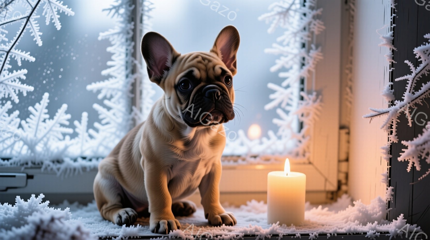 白い雪の模様が描かれた窓辺に、ベージュ色のフレンチブルドッグの子犬が座っています。子犬は正面をまっすぐ見つめ、少し不安げながらも好奇心旺盛な表情をしています。窓の外は雪景色で、ろうそくの温かい光が子犬 - AI生成フリー素材