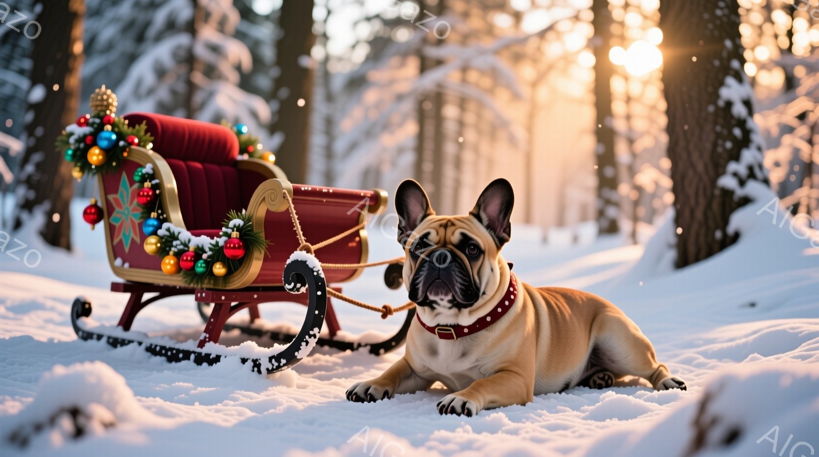 小さな少年が床に座り、膝の上に開いた本を読んでいます。彼は灰色のスウェットシャツを着ており、短く茶色の髪をしています。背景にはクリスマスツリーが飾られ、暖かい光が照らされており、犬が柔らかい毛布の上で少年を見つめています。