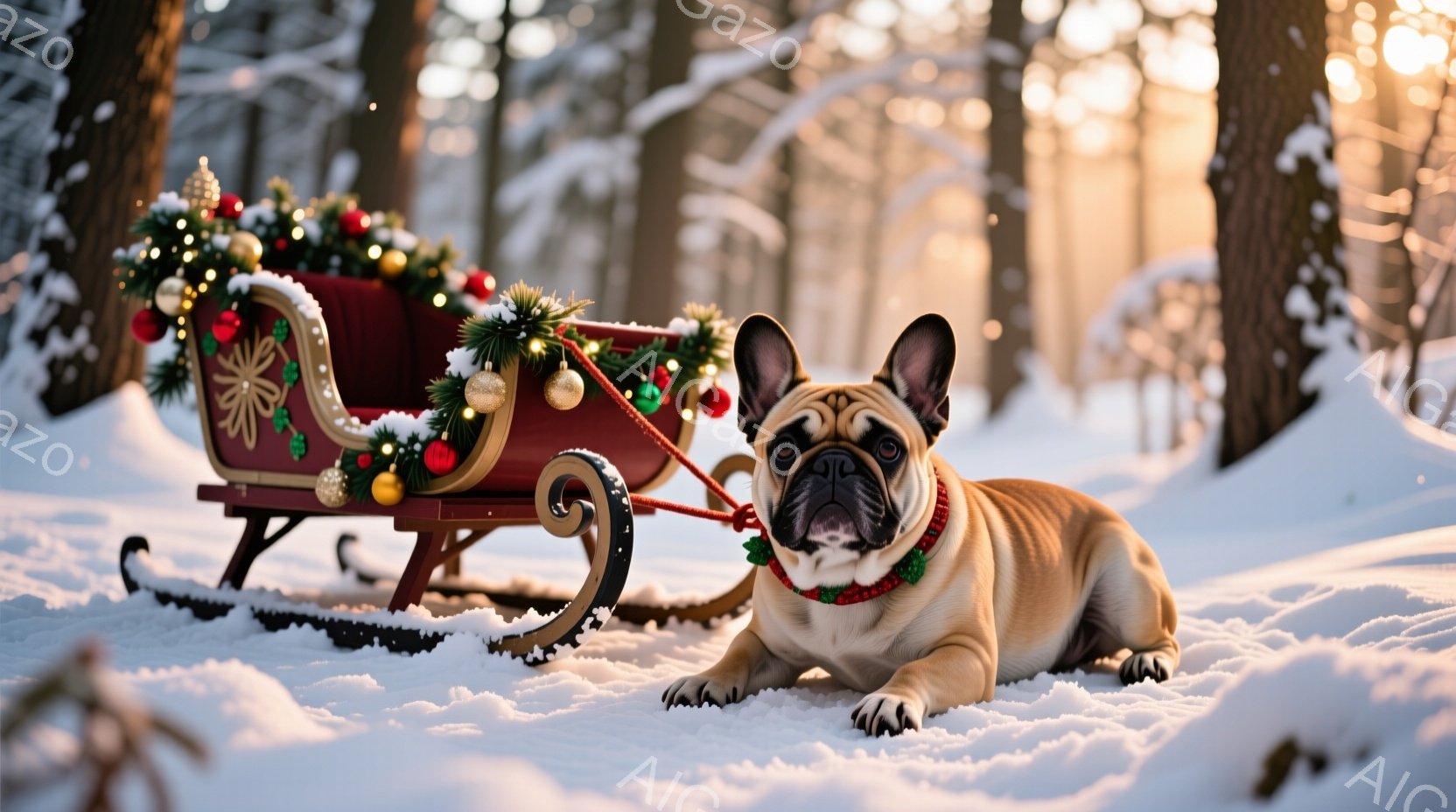 クリーム色のフレンチブルドッグが雪の上に横たわり、赤い首輪をつけています。その前には、クリスマスオーナメントで飾られた小さなそりが置かれており、まるでサンタクロースの助手を務めるかのようです。背景は雪に覆われた森で、木々の間から差し込む光が幻想的な雰囲気を醸し出しています。