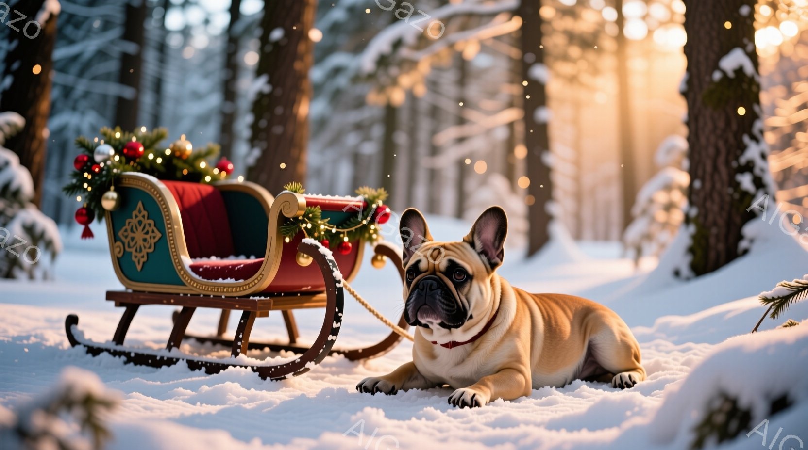 白い雪景色の中に、クリーム色のフレンチブルドッグが赤いそりに寄り添って横たわっています。そりは緑と金の装飾が施され、クリスマスらしい飾り付けがされています。背景にはうっそうとした森が広がり、冬の静寂と - AI生成フリー素材