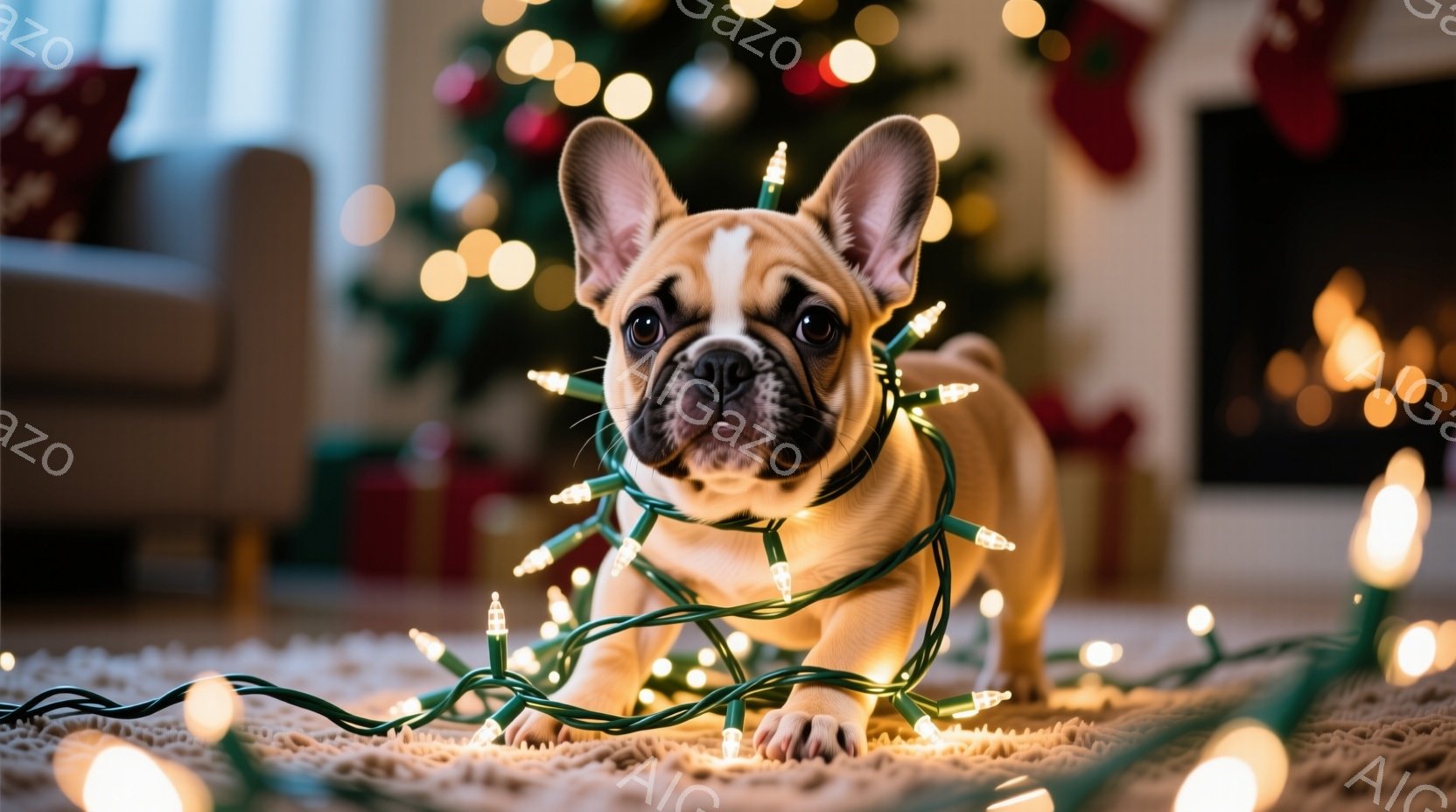 明るい色の毛並みを持つ子犬が、クリスマスツリー用の電飾に絡まっています。落ち着いたベージュ色のラグの上に横たわり、少し困ったような表情で正面を見つめています。背景にはクリスマスツリーと暖炉があり、暖かくお祝いの雰囲気が漂っています。
