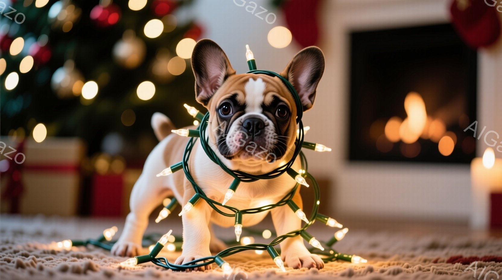 愛らしいフレンチブルドッグの子犬が、クリスマスツリーのイルミネーションライトに絡まっています。子犬は正面を見据え、少し困ったような、でもどこか可愛らしい表情をしています。背景にはぼやけたクリスマスツリーと暖炉の火が見え、温かく楽しいクリスマスの雰囲気が漂っています。