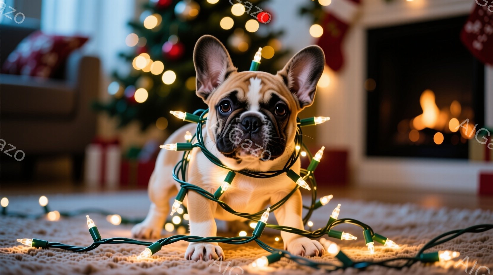 小さなフレンチブルドッグが、クリスマスツリーのイルミネーションライトに絡まって床に座っています。愛らしい表情でカメラを見つめており、暖かく居心地の良い雰囲気が漂っています。背景には、ぼやけたクリスマスツリーと暖炉があり、季節の喜びを演出しています。