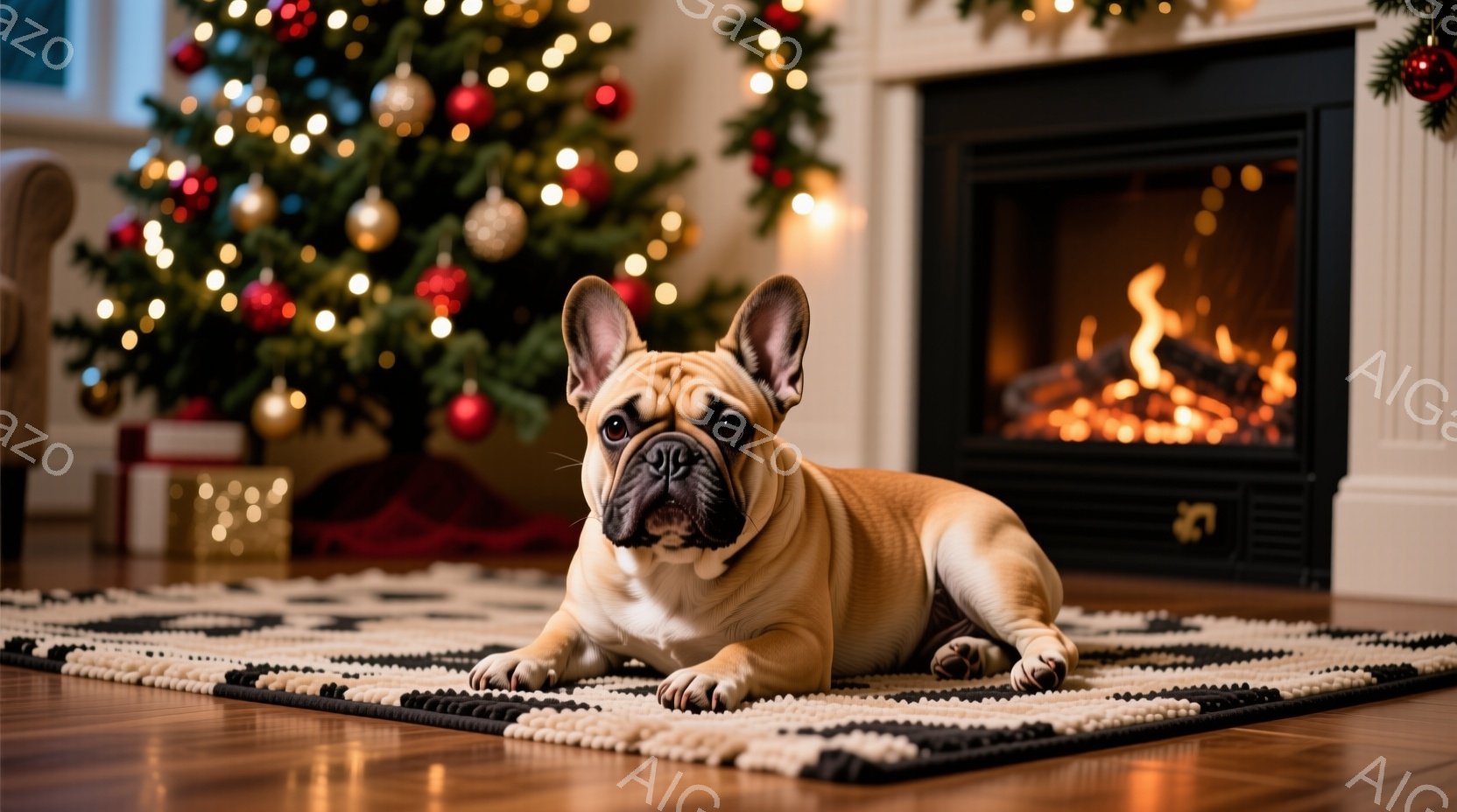 クリーム色のフレンチブルドッグが、黒と白の幾何学模様のラグの上に横たわっています。背景にはクリスマスツリーが飾られ、暖炉の炎が暖かく輝き、祝祭の雰囲気を醸し出しています。犬はカメラに向かって穏やかな表 - AI生成フリー素材