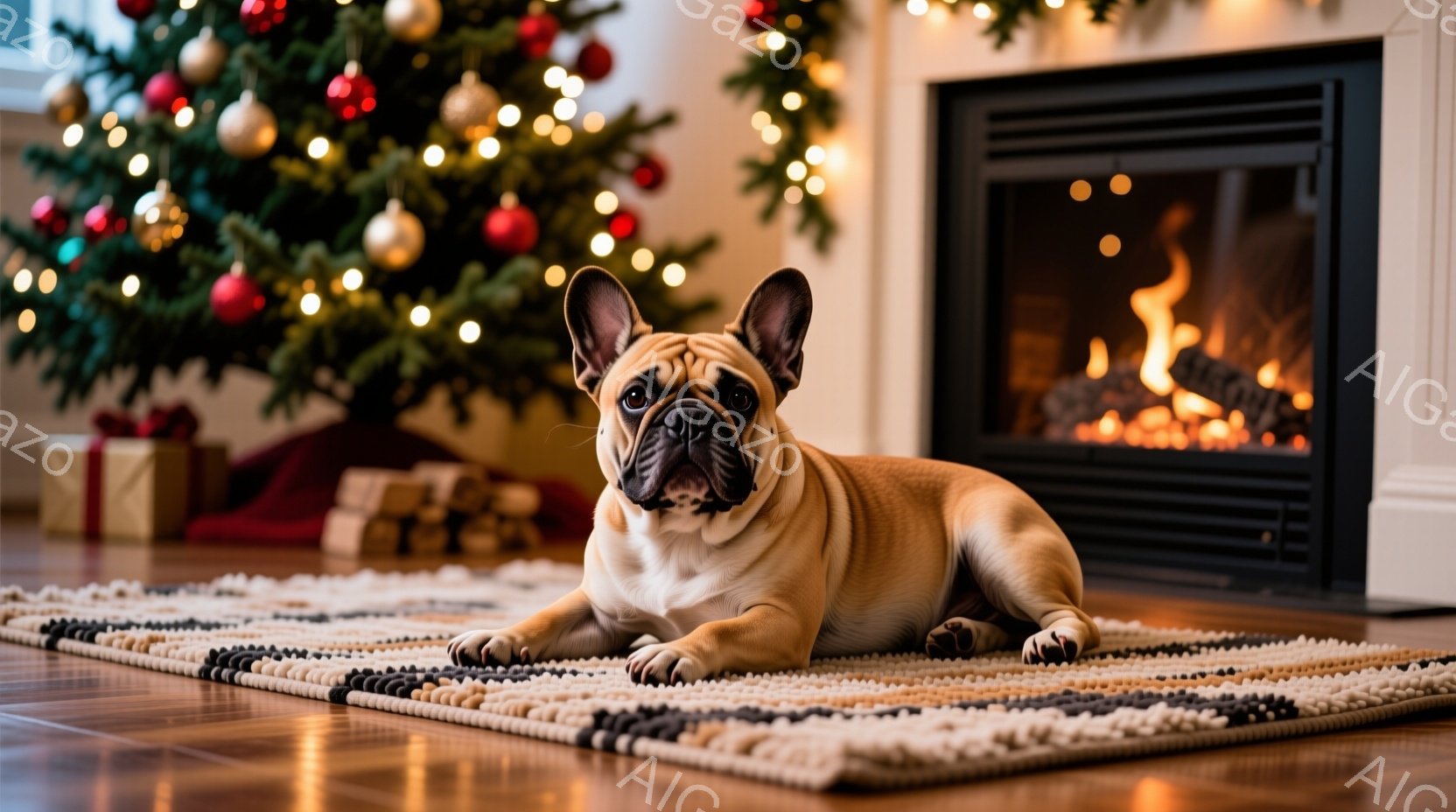 暖かい光に照らされた部屋で、ベージュ色のフレンチブルドッグが、カラフルな敷物の上にゆったりと横たわっています。背景には、飾り付けられたクリスマスツリーと、暖炉の火が見え、心地よいクリスマスの雰囲気を醸 - AI生成フリー素材
