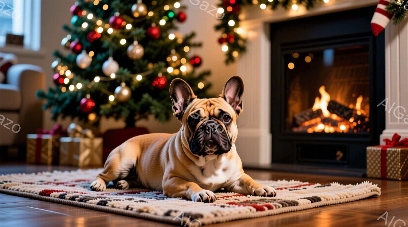 茶色のフレンチブルドッグが、赤と白の縞模様のラグの上に仰向けに寝そべっています。背景にはクリスマスツリーが飾られ、暖炉の火が暖かく灯っています。全体的に、温かく、居心地の良いクリスマスの雰囲気が漂って - AI生成フリー素材