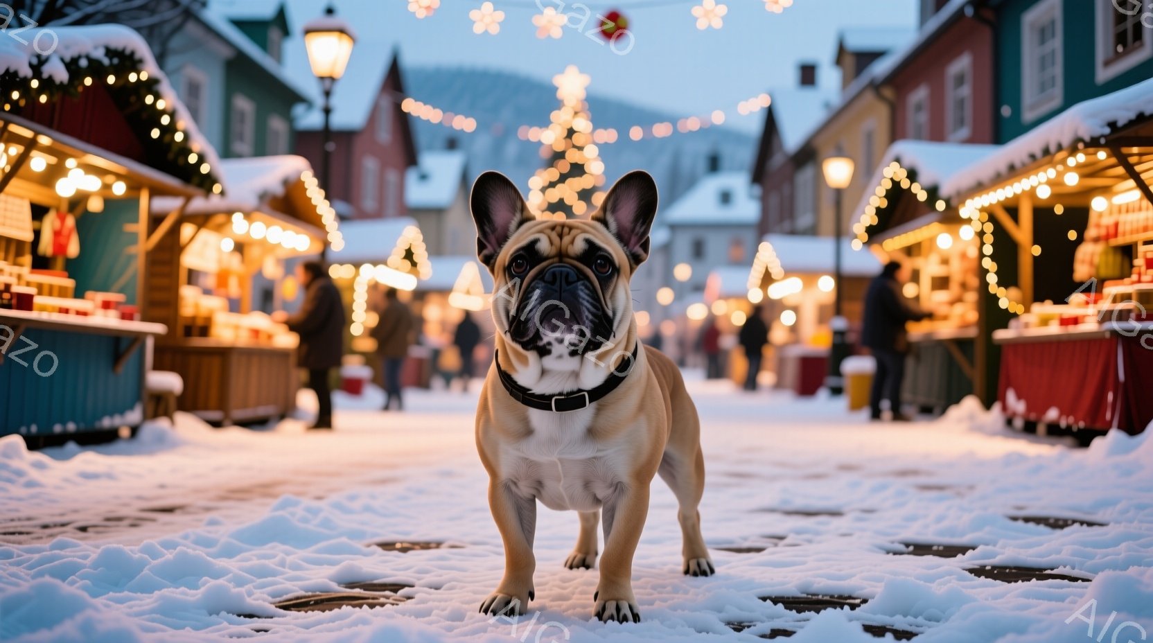 ベージュ色のフレンチブルドッグが雪景色の中で正面を向いて立っている。クリスマスの装飾が施された木製の屋台が並び、背景には可愛らしい建物が見える。全体的に暖かく、お祝いムードに包まれた冬の光景である。 - AI生成フリー素材