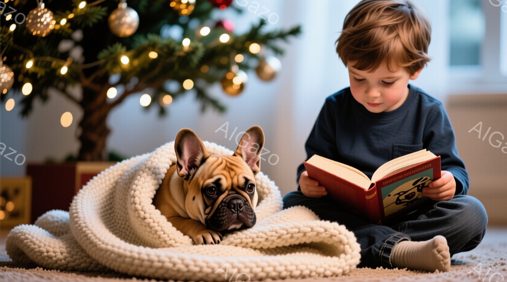 小さな少年が床に座り、膝の上に開いた本を読んでいます。少年は濃い青色の長袖シャツとグレーのズボンを着用し、茶色の髪をしています。背景には、飾り付けられたクリスマスツリーと、丸い白いブランケットに包まれ - AI生成フリー素材
