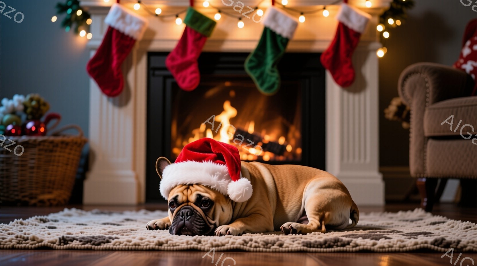 暖炉の前で、サンタの帽子をかぶったクリーム色のフレンチブルドッグが、床のラグの上で横たわっています。暖炉の中には火が燃えており、壁にはクリスマスストッキングが飾られています。全体的に暖かく、居心地の良 - AI生成フリー素材