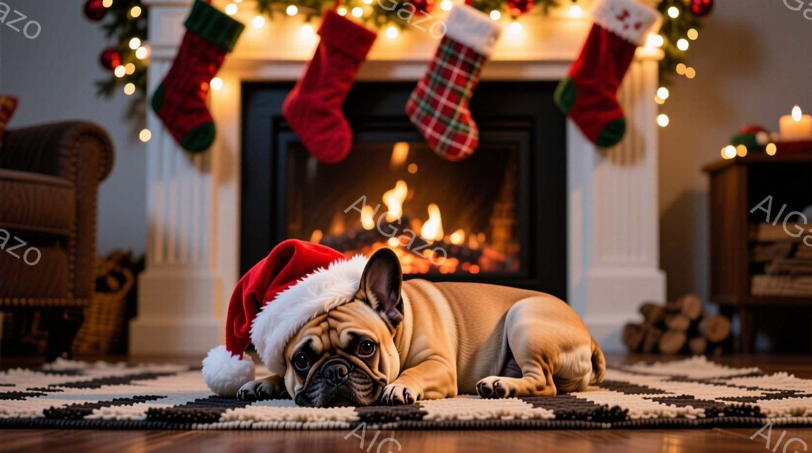 ベージュ色のフレンチブルドッグが、クリスマスサンタの帽子をかぶり、床のラグの上で横たわっています。背景には暖炉があり、火が燃え盛っており、クリスマスソックスが暖炉の Mantelpiece からぶら下 - AI生成フリー素材