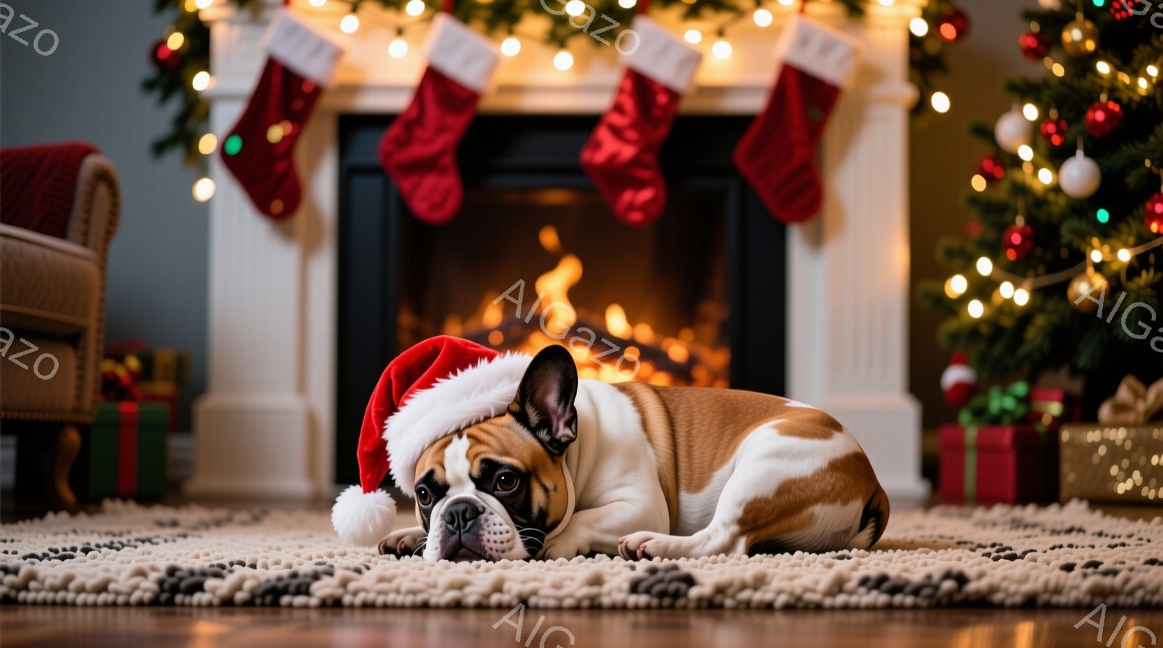 白と茶色のフレブル犬が、赤いサンタ帽を被ってカーペットの上に横たわっています。背景にはクリスマスツリー、暖炉、そしてプレゼントボックスが飾られており、暖かく居心地の良い雰囲気です。犬は少し眠たげな表情 - AI生成フリー素材
