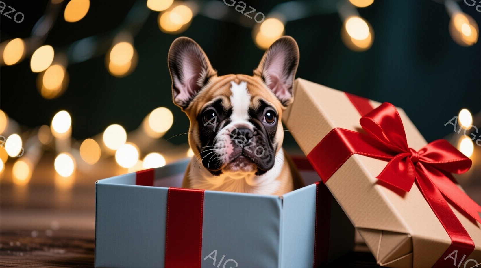 愛らしいフレンチブルドッグが、水色の箱とベージュのギフトボックスの中に顔を出しています。犬は好奇心旺盛な表情でカメラを見つめており、背景にはぼやけた暖かい色の光が輝いています。全体的に、お祝いの雰囲気 - AI生成フリー素材