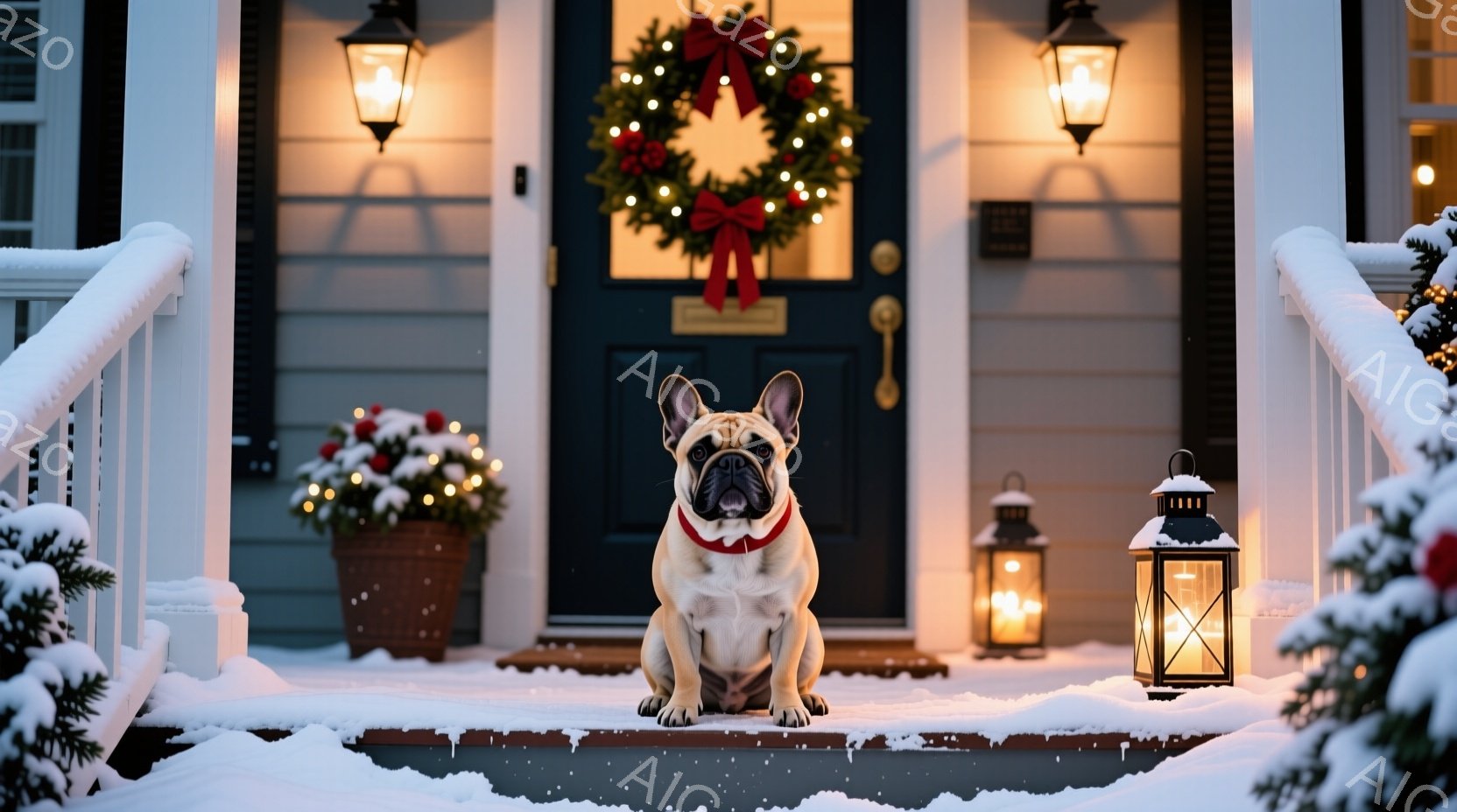 白いフレンチブルドッグが、雪で覆われた家の階段に座っています。赤い首輪をつけ、まっすぐ前を見つめており、どこか誇らしげな表情をしています。背景にはクリスマスリースが飾られた玄関ドアがあり、両脇には明か - AI生成フリー素材
