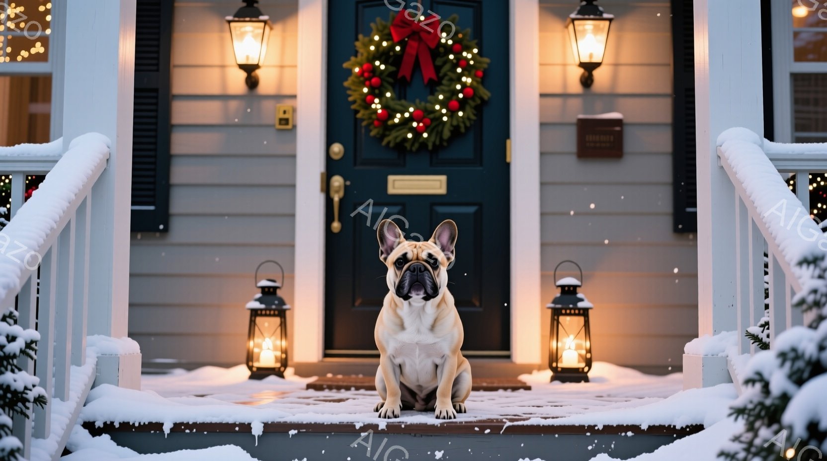 白い毛並みのフレンチブルドッグが雪に覆われた家の玄関のステップに座っています。背景にはクリスマスリースが飾られた青いドアと、点灯したランタンがあり、雪が舞い散る冬の穏やかな雰囲気を醸し出しています。犬 - AI生成フリー素材
