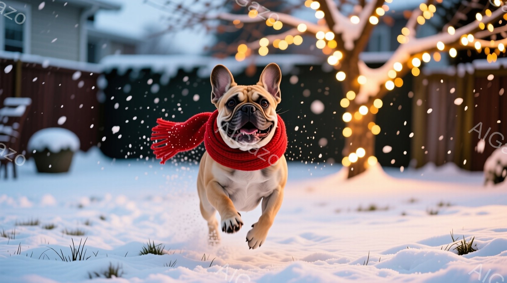 茶色のフレンチブルドッグが雪の上を勢いよく走り、赤いマフラーを巻いている。背景には雪に覆われた芝生、木々、そして遠くに見える家があり、温かい光のイルミネーションが飾られている。全体的に、雪の中での遊び - AI生成フリー素材
