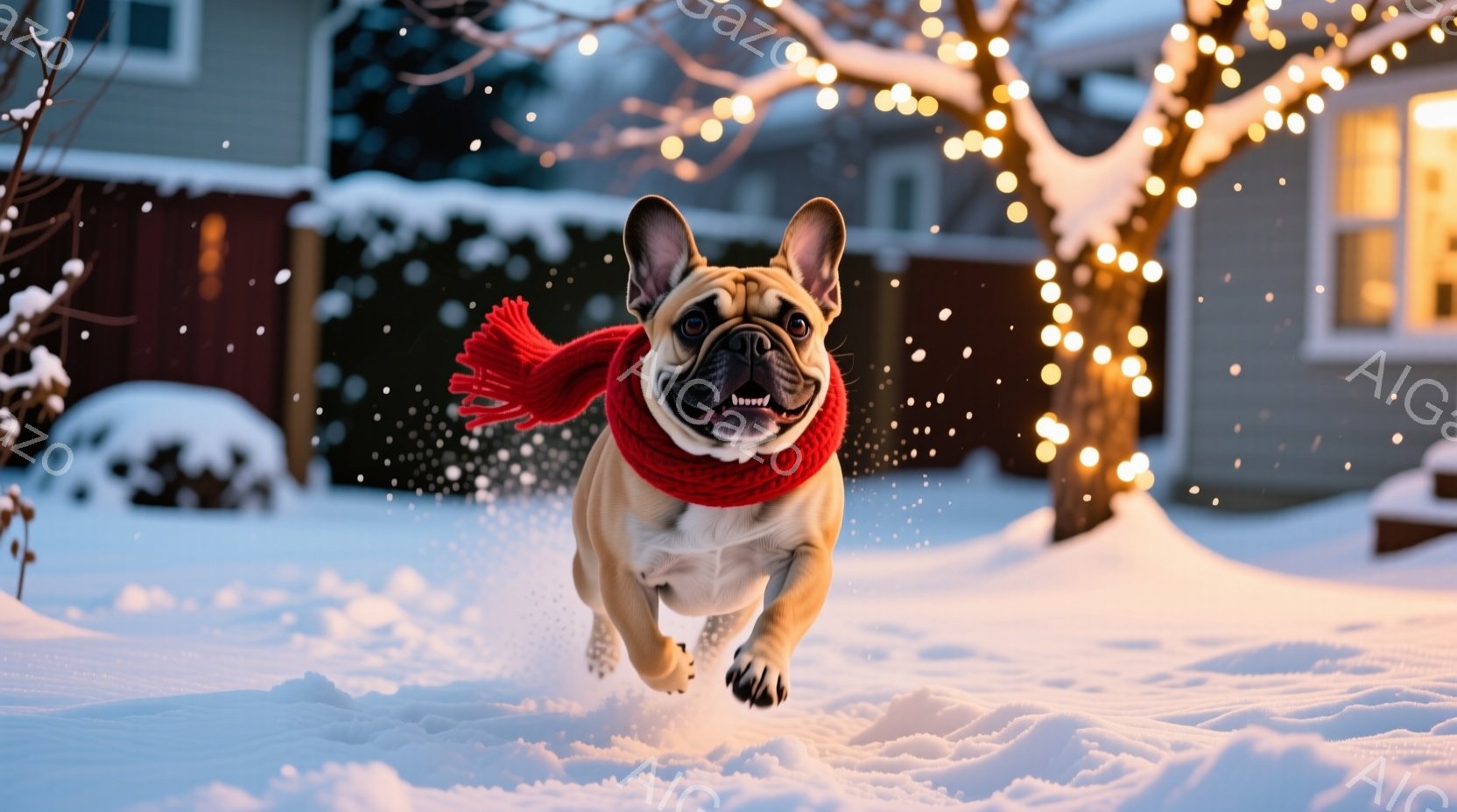 白い雪景色の中を、赤いマフラーを巻いたクリーム色のフレンチブルドッグが勢いよく駆けている。犬は口を開けて楽しそうに笑っており、その表情と躍動感あふれる姿勢が、冬の喜びを表現している。背景には薄暗い家々 - AI生成フリー素材
