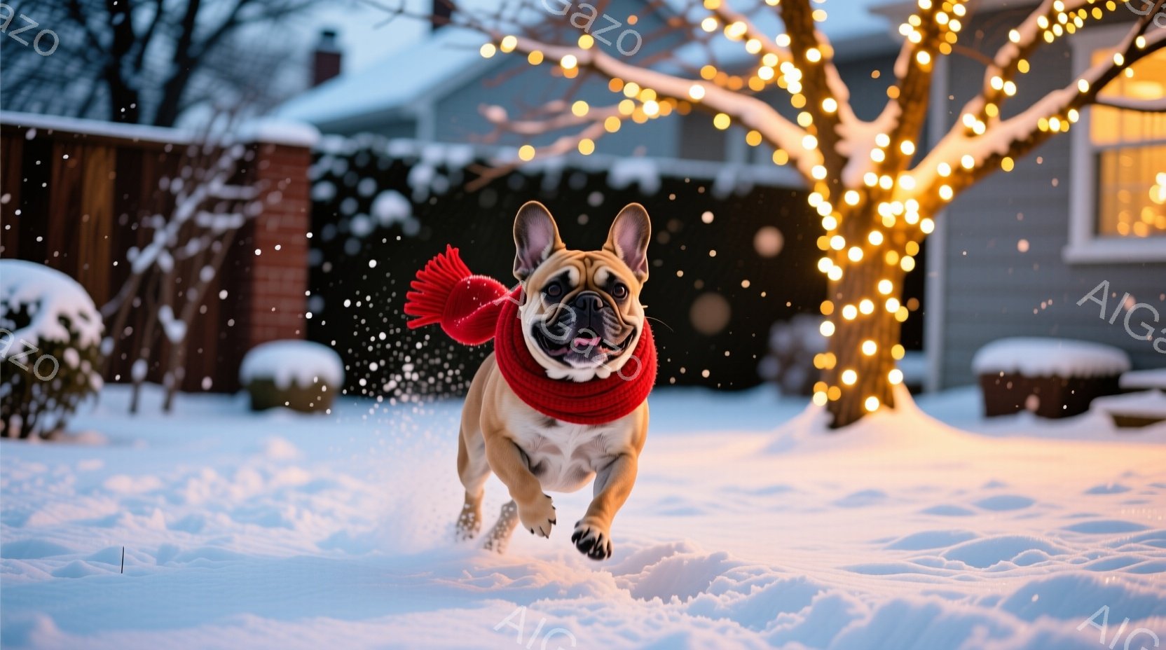 白い雪景色の中を、赤いマフラーを巻いた茶色のフレンチブルドッグが勢いよく駆けている。犬は口を開けて楽しそうに微笑み、前足が雪を蹴り上げている。背景には、雪で覆われた家々と、温かい光を放つクリスマスライ - AI生成フリー素材