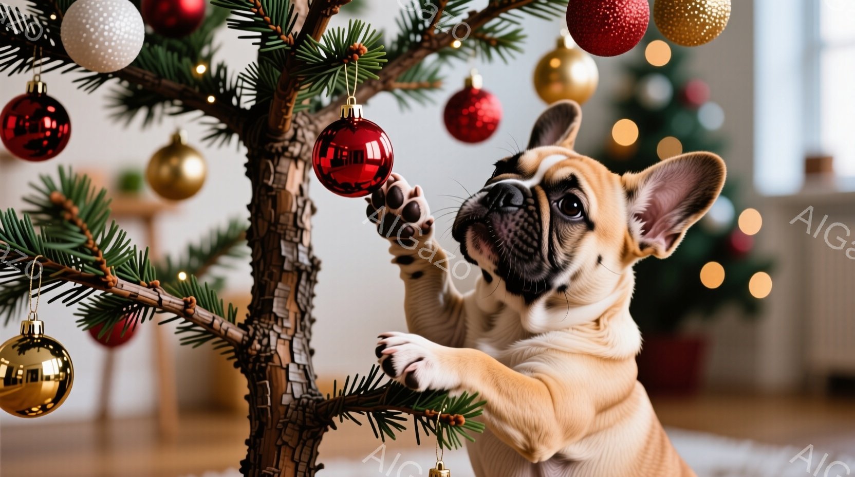 鮮やかな装飾が施されたクリスマスツリーのそばで、クリーム色のフレンチブルドッグの子犬が、赤いオーナメントに前足を伸ばして遊んでいます。子犬は上目遣いでオーナメントを見つめ、好奇心と遊び心に満ちた表情を - AI生成フリー素材