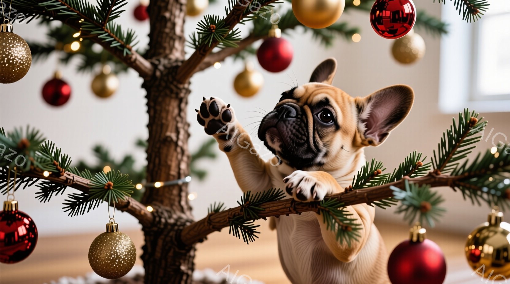 クリスマスツリーの枝に小さなクリーム色のフレンチブルドッグが前足をかけて登っている様子が描かれています。好奇心旺盛な表情で上を見上げており、周囲には赤や金のオーナメントが飾られています。背景はぼかされ - AI生成フリー素材