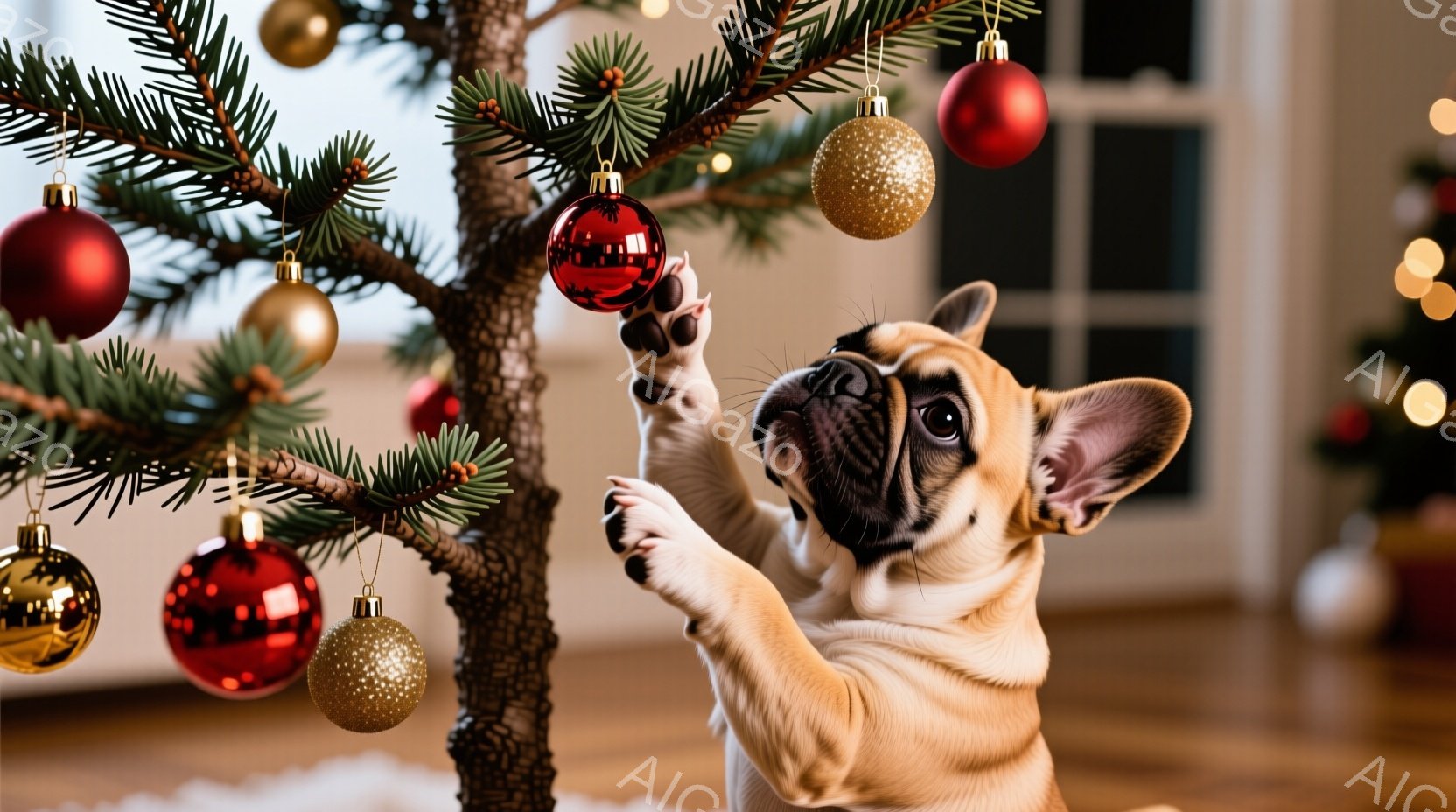 小さなクリーム色のフレンチブルドッグが、クリスマスツリーのオーナメントに手を伸ばそうとしています。ツリーは飾り付けられており、赤い、金色のオーナメントが輝いています。背景には、ぼやけた室内が見え、クリ - AI生成フリー素材