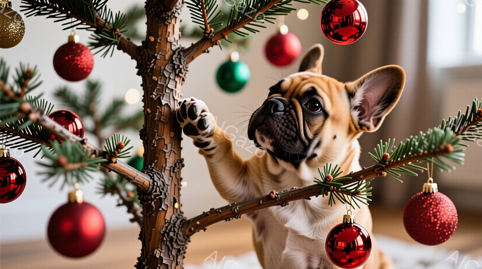 茶色の毛並みの小さなフランスブルドッグが、クリスマスツリーの枝に前足を伸ばして何かを見ようとしている様子が写っています。背景には赤いオーナメントが飾られたツリーが立ち、温かい光が差し込んでおり、クリス - AI生成フリー素材