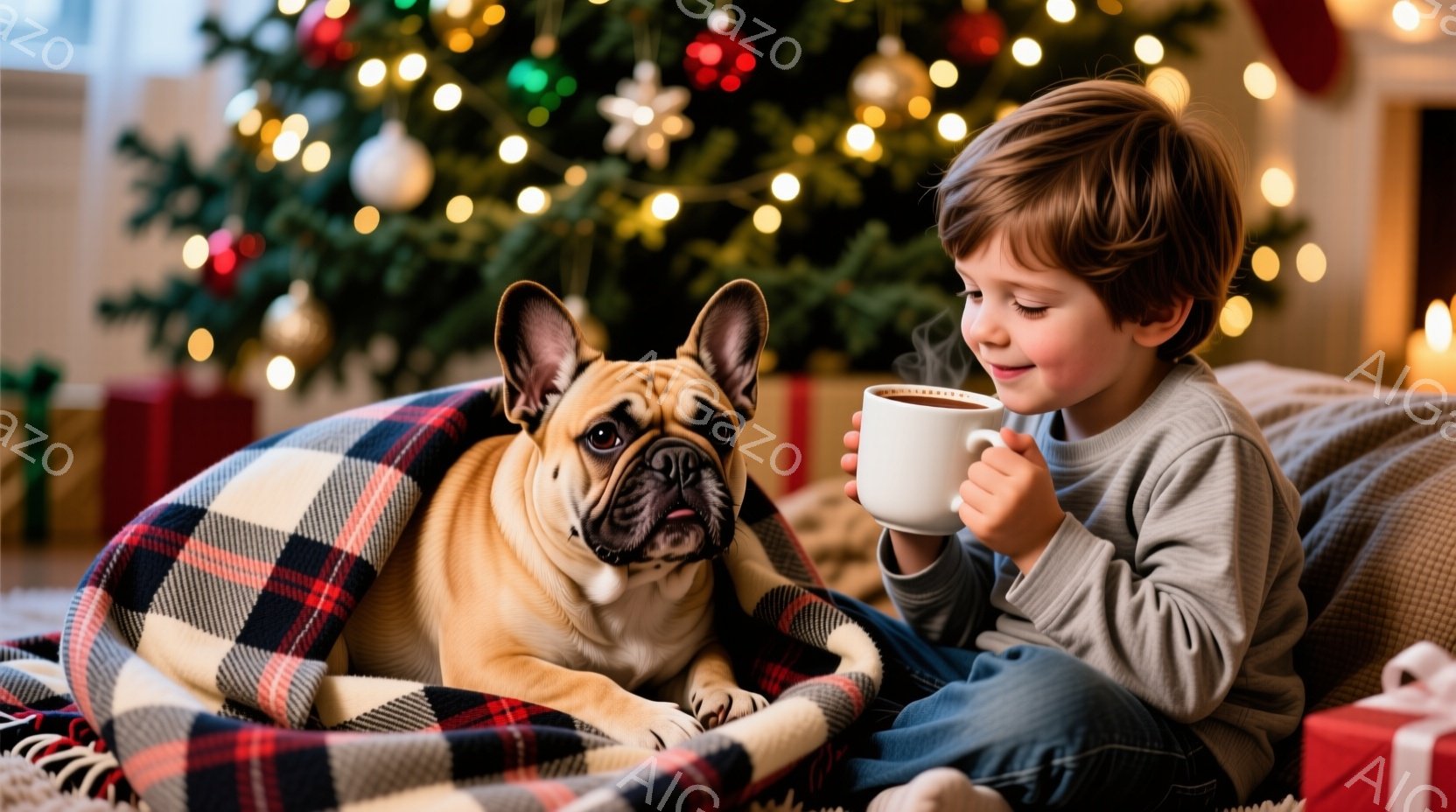 小さな茶色の仏壇が、クリスマス装飾でいっぱいの籠の中で心地よく横たわっています。犬はカメラに真っ直ぐ向き、優しい表情をしています。籠は暗い布か置物の乗ったテーブル上にあります。
