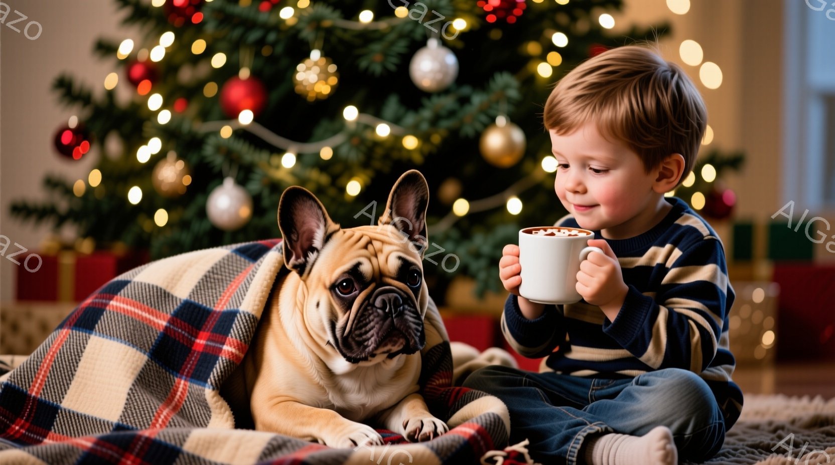 少年は青いジーンズと紺色のセーターを着て、白いマグカップを両手で抱え、微笑んでいます。フレンチブルドッグは、赤と青のチェック柄のブランケットの上に横たわり、カメラの方を見ています。背景にはクリスマスツ - AI生成フリー素材